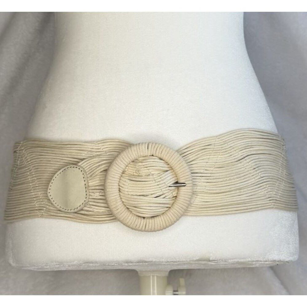 Coldwater Creek Ivory Wide Woven Cotton Belt Faux‎ Leather Accents Statement S/M